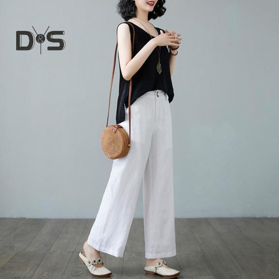 Women Casual Pants Elastic High Waist Buttons Zipper Fly Long Trousers with Pockets Solid Color Straight Wide Leg Slacks Daily Wear