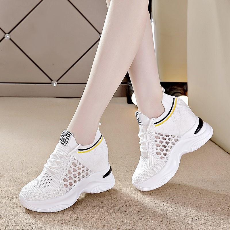 High Heeld Wedge Breathable Women's Shoes Summer New Black White Shoes Hidden Wedges Heel 8cm Casual Lace Up Platform Increase Sneakers Woman
