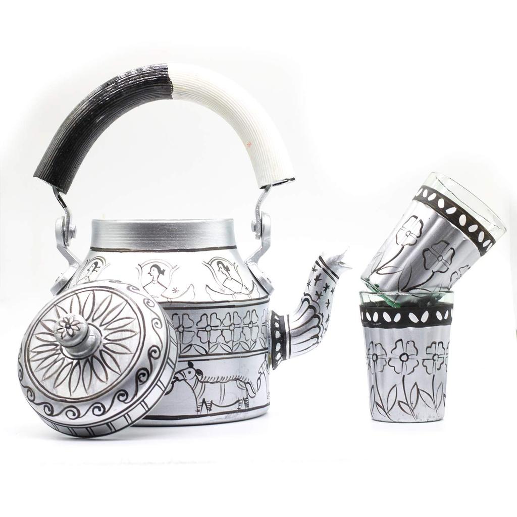 Hand Painted Kettle Set of 9 Pcs (Pack Contents - 1 Handpainted Kettle, 6 Handpainted Glass, 1 Iron Roped Stand, 1 Brown Natural Wood Tray