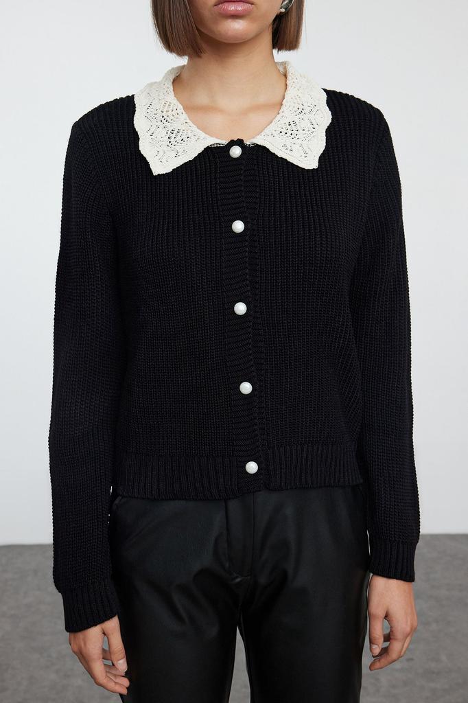 Women's Elegance Style Cardigan Black Soft Textured Garni Detailed Knitwear Cardigan