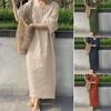 Summer Women Dress V Neck Solid Color Retro Loose Half Sleeves Plus Size Quick Dry A-line Ankle Length Casual Daily Wear Maxi Dress