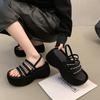 Muffin Platform Rhinestone Sandals Women's Summer 2025 New One-word Strap Black Versatile Skirt Heightening Beach Shoes