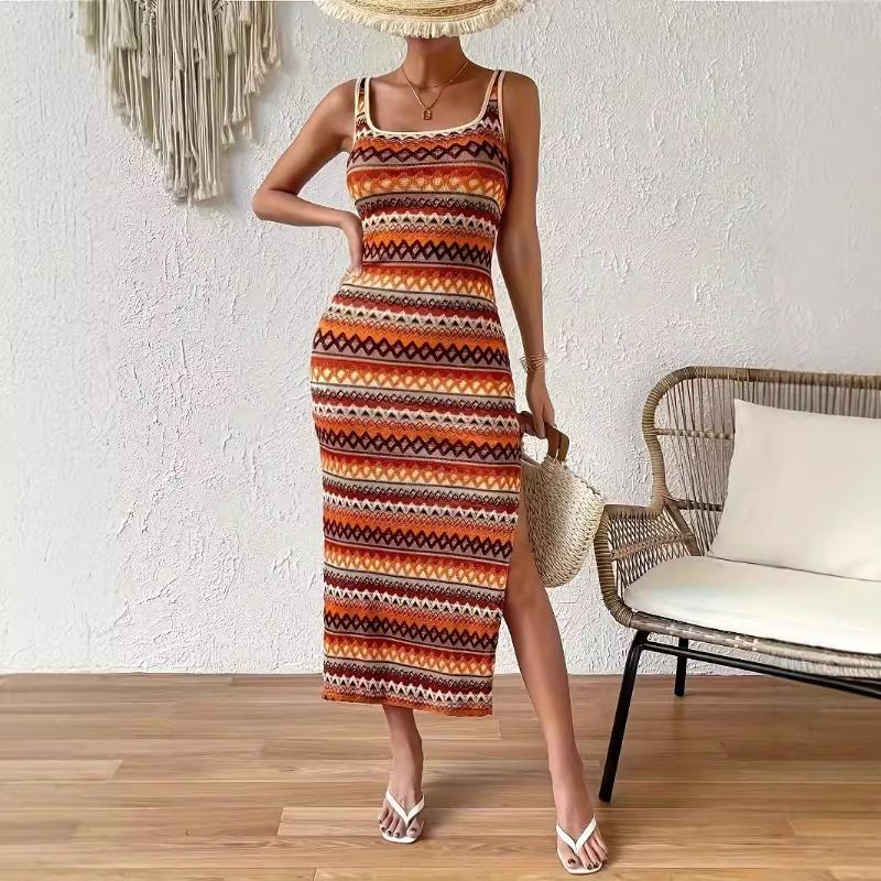 Spring Women's Personality Street Fashion Casual Striped Sleeveless Square Neck Dress