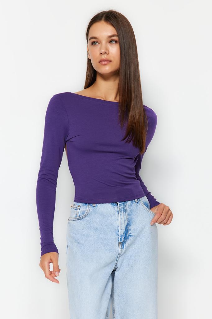 Women's Fashion New Blouse Black Deep Back Low-cut Fitted Cotton Stretchy Knitted Blouse