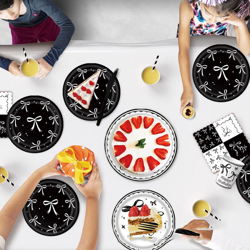 Black And White Bow Theme Kids Disposable Paper Plate Tablecloth Tissue Paper Party Set Decoration Decoration Supplies