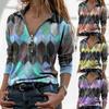 Women Fashion Printing Splicing Lapel Long-sleeved Casual T-shirt Loose Clothing Tops
