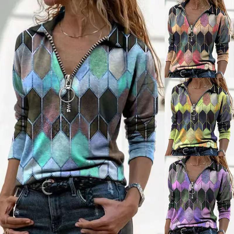 Women Fashion Printing Splicing Lapel Long-sleeved Casual T-shirt Loose Clothing Tops