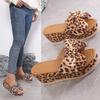 European and American Plus Size Butterfly Bow Slippers for Women, Leopard Print Fabric, Sloping Heel Sandals for Women