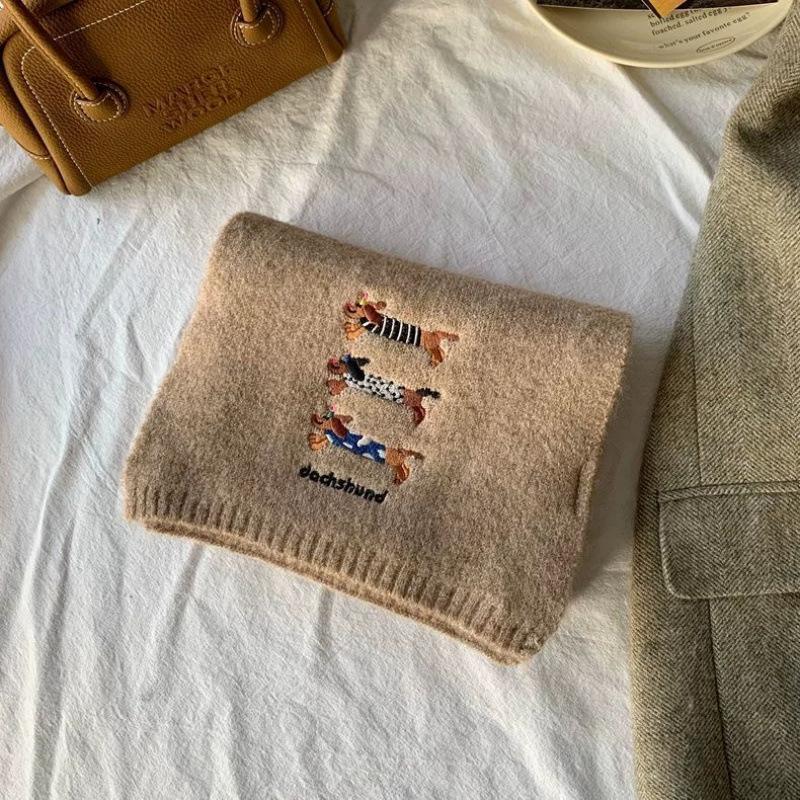 Cute Puppy New Knitted Three Dachshunds Embroidered Woolen Woolen Scarf for Women In Autumn and Winter Soft and Versatile