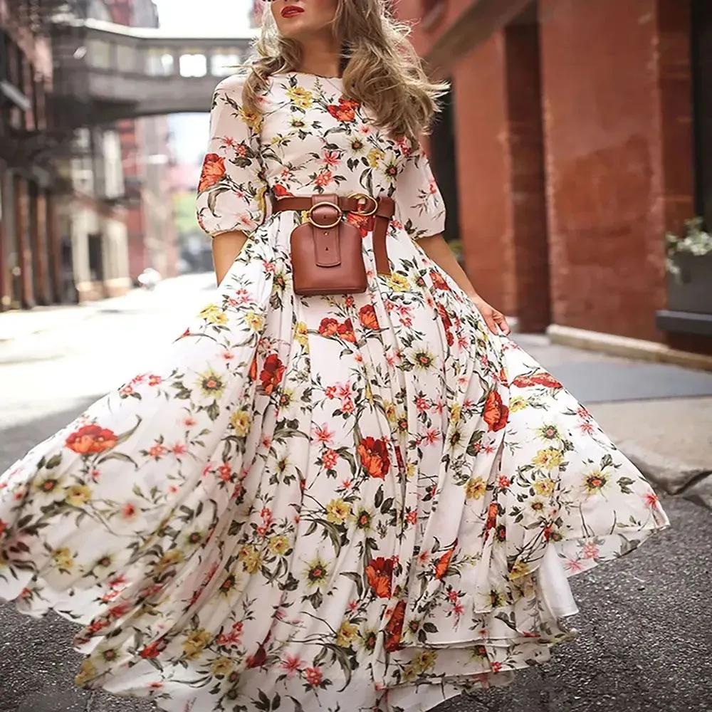 New Floral Print Long Dress Women Dresses Sexy Casual Beach Dress