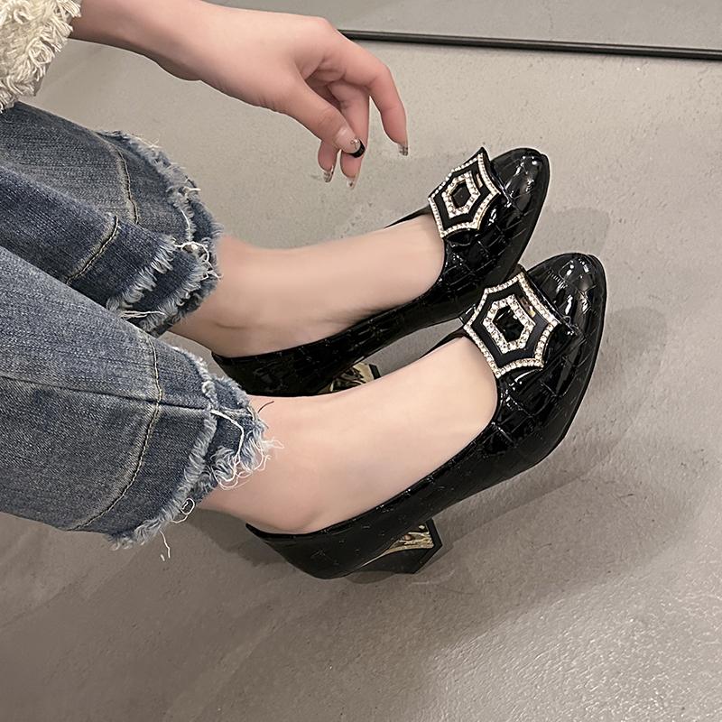 Fashion Spring 2025 New Plus Size High Heeled Shoes Women's Square Head Strap Fashion Dance Metal Buckle with Rhinestone Decoration