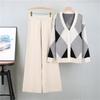 Color Blocking Grid V Neck Knitted Cardigan Fashion Set  Elegant And Wide Leg Pants For Women Two Piece Set