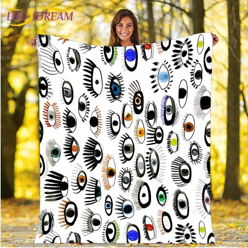 Evil Eye Blanket Turkish Nazar Spiritual Art Blanket Vintage Mid Century Flannel Blanket Sofa Chair Throw Blanket Travel Blanket