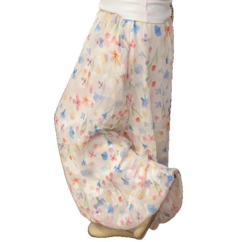 Broken Flower Pictorial Bud Culottes Women's Summer New High-waisted Skirt, Small Drape Wide-leg Pants