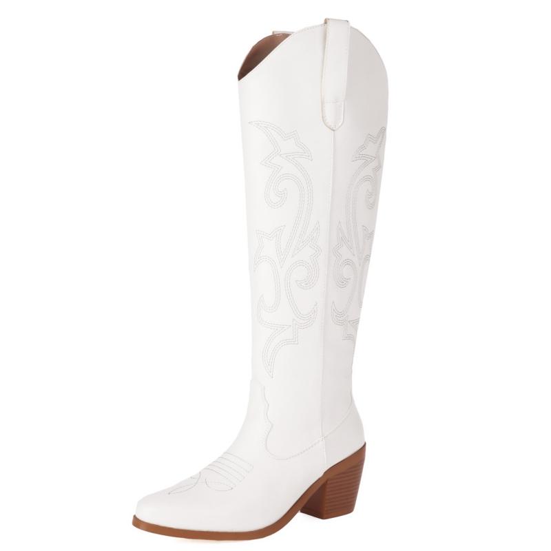 Western Women's Winter Knee High Boots Fashion Embroidery Cowboy Cowgrils Boot Wedges Heel Red Party Shoes Ladies Large Size 45