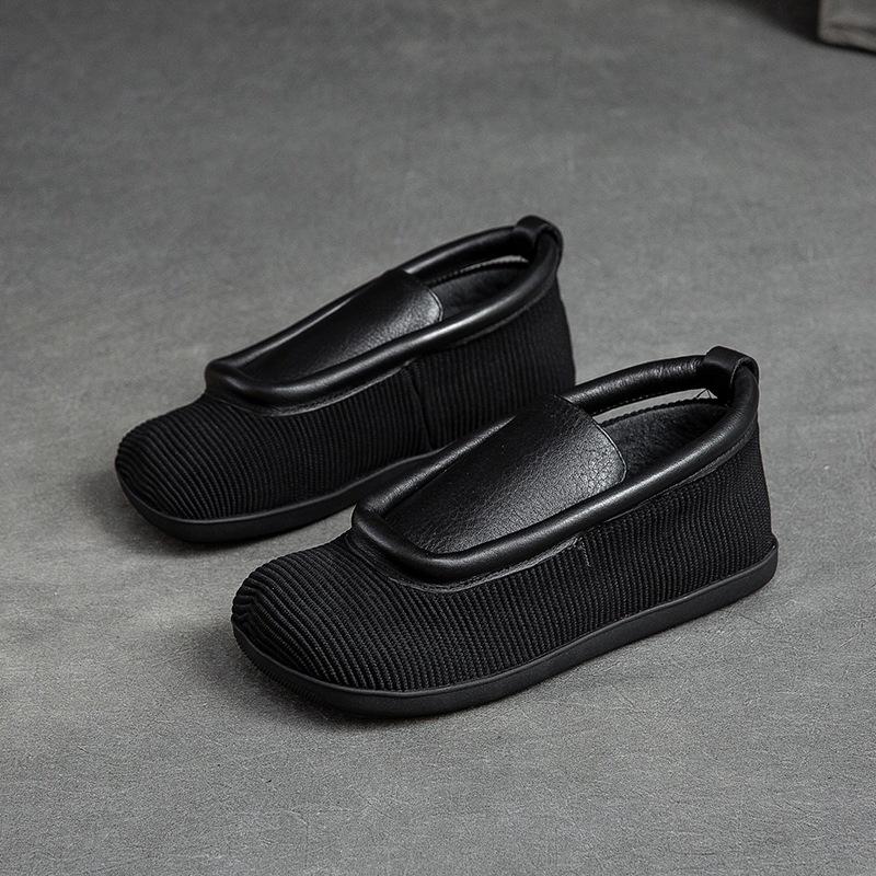 Johnature Retro Round Toe Flats Lightweight And Versatile Genuine Leather Splicing Women's Slip-on Shoes