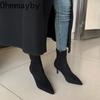 New Women Sock Ankle Boots Fashion Black Slip On Ladies Elegant Dress Short Boot Thin High Heel Dress Chelsea Shoes