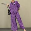 2 Pcs/Set Women Spring Top Pants Set Plaid Print Three-quarter Sleeves Round Neck Split Back T-shirt Wide Leg Elastic Waist Loose Trousers Casual