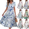 Women's Summer Casual Fashion Print Pocket Short Sleeve V-Neck Swing Dress