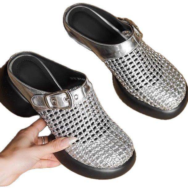 6Cm Design Feeling Thick Bottom Woven Bag Head Half Slippers Round Head Hollowed Out Outside Wearing High Heels Sandals Women