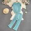 Basic Summer Women Knitted Sweater Solid Tracksuit Fashion Casual Short Sleeve Loose Pullover Top Ladys Pant Two Piece Set
