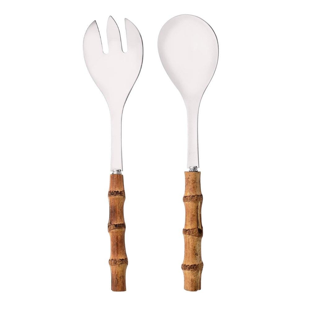2Pcs Serving Utensils Cutlery 304 Stainless Steel Big Fork and Spoon with Natural Bamboo Handle Food Serving Salad Spork Server Spoon Tableware Set