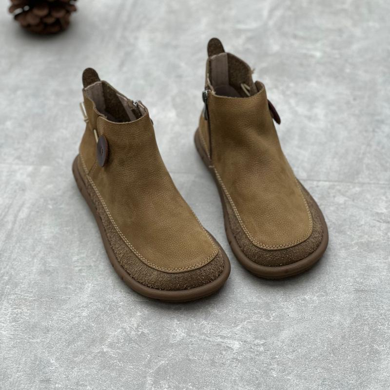 Johnature Retro Women Flat Short Boots Genuine Leather Shoes Handmade Round Toe Solid Color Ankle Boots