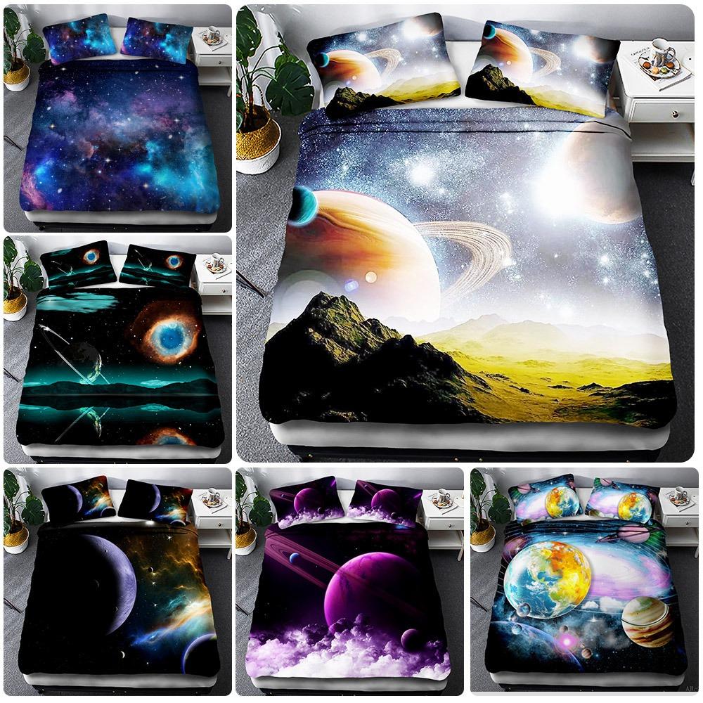 3D Space Planet Bedding Set Romantic Starry Sky Quilt Cover Pillowcase 2/3pcs Men's Teenagers Space Fan Cover Gift