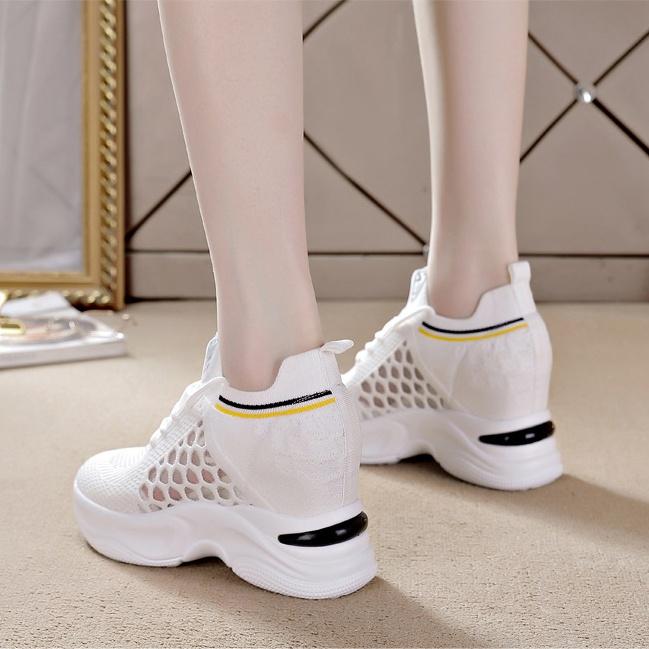 High Heeld Wedge Breathable Women's Shoes Summer New Black White Shoes Hidden Wedges Heel 8cm Casual Lace Up Platform Increase Sneakers Woman