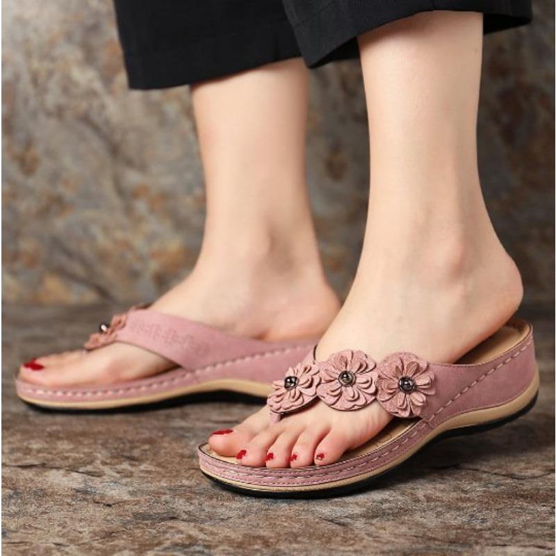 Flower Toe Sandals Women's Fashion Flat Bottom Slope Heel Herringbone Cool Slippers Women