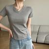 Popular Summer V-neck Front Shoulder Short-sleeved T-shirt for Women's Fish Bone Slim Solid Color Trendy Brand Basic Model Modal Top