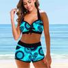 Women's Hanging Neck Swimsuit with Blue Leaf Print Bikini Short Tank Top Swimsuit