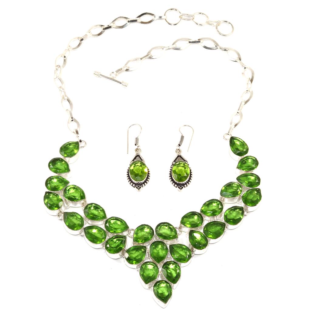 Peridot Quartz Gemstone Silver Jewelry Necklace Earring 16-18''