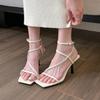 Gentle To Glow! Milky White Square Head Thin Strap Sandals Women's Spring and Summer New High Heels