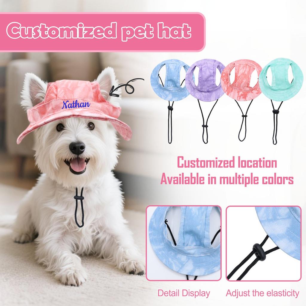 Персонализированная вышивка на заказ Питомец - линяющий Открытые уши Регулируемая веревочная пряжка Панама Кошка Собака Солнечная шляпа Маленькая собака Солнечная шляпа