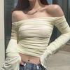 French Off-Shoulder Pleated Long-Sleeve Slim Fit T-Shirt - Chic Spring & Autumn Top for Women