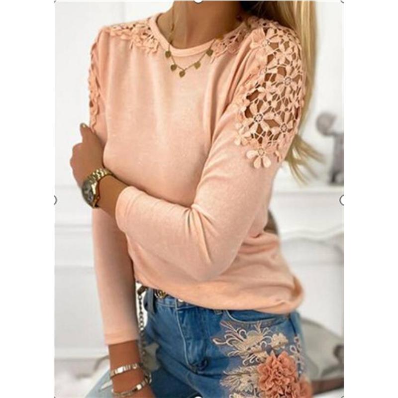 FASHION Women Fashion Pure Color Slim Lace Hollow Long Sleeve T-Shirt Soft and Comfortable Thin Loose Casual Tops