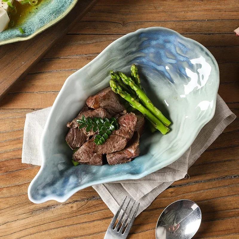 Kiln Ceramic Oyster Plate Snack Bowl Dessert Spice Bowls Fruit Salad Plate Tray Retro Tableware Oyster Shell Tray Dinner Plates
