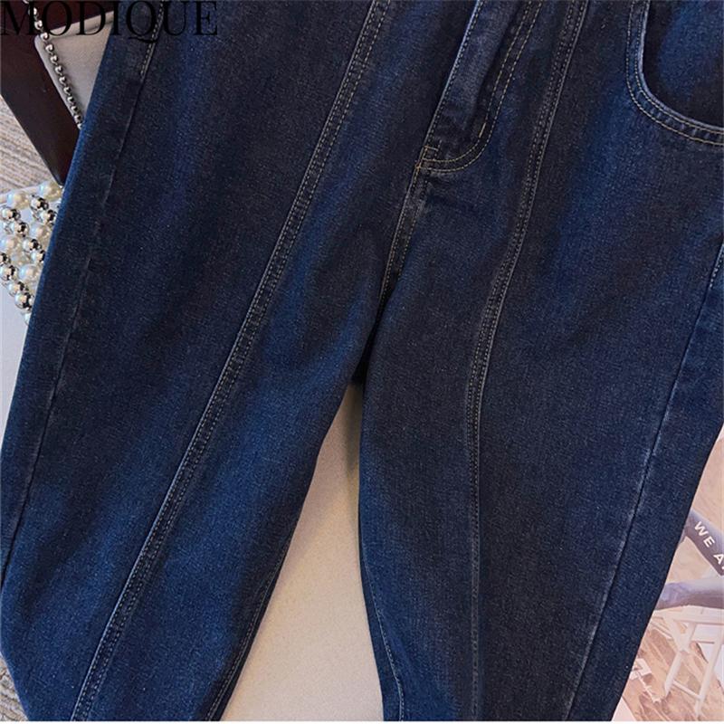 MODIQUE Spring Plus Size Women Vintage High Waist Elastic Straight Button Decoration Long Jeans Lady Basics Casual Pants Trousers