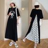 Maternity Long Dress Summer Loose Tummy-Hiding Fat-Covering Slimming Patchwork Polka Dot T-Shirt Dress