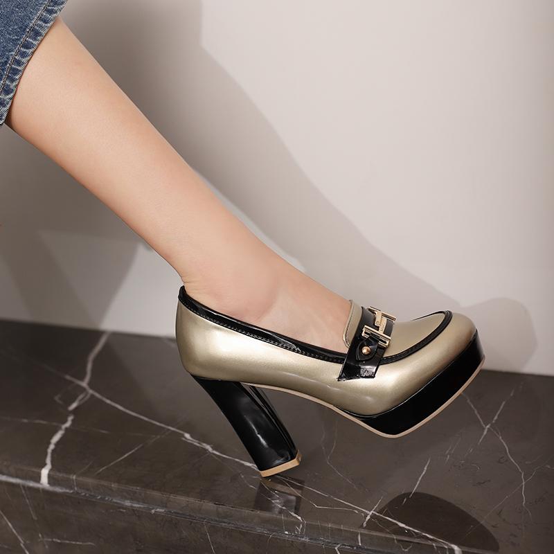 Q/Women's High Heel Single Shoes Fashion Waterproof Platform Thick Heel Large Size Colored Low Top Shoes