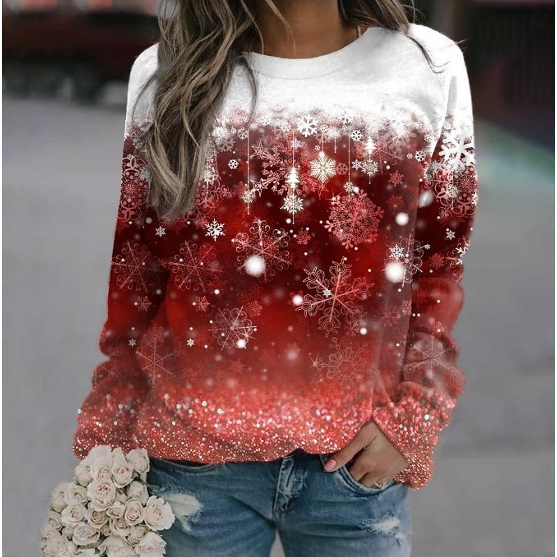 Ladies' Christmas Snowflake Print Round Neck Long Sleeved T-shirt Fashionable Casual Top Pullover Clothing