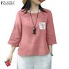 ZANZEA Women Casual Round Neck Loose 3/4 Sleeve Cotton Blouse