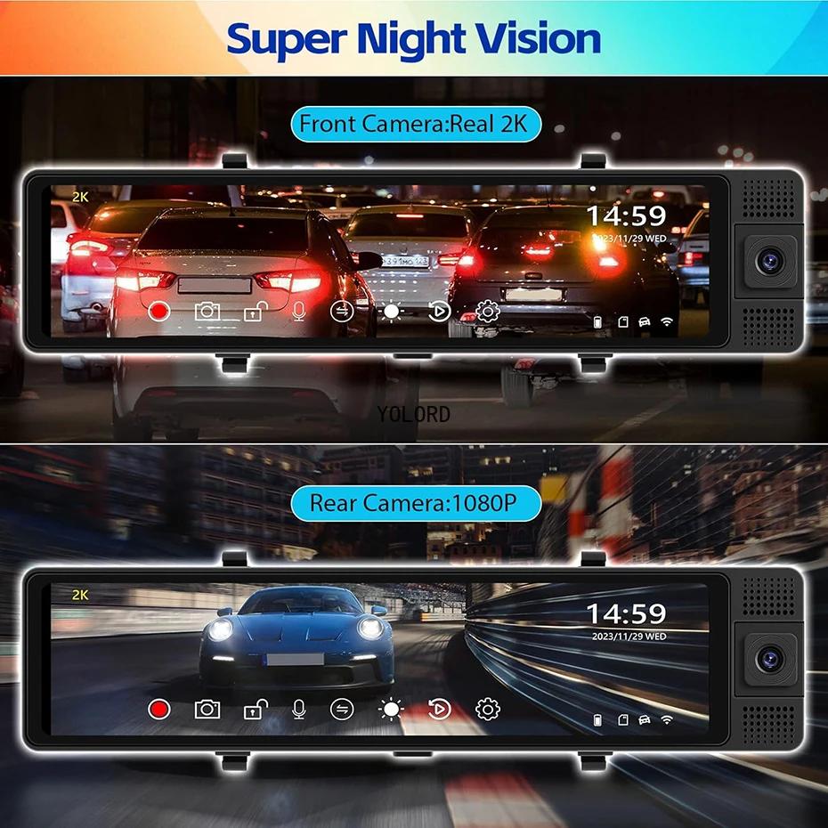 4K 3 Way Dash Cam 3 Channel Rearview Mirror Front Inside Rear 2K+1080P+1080P WiFi Dual Lens Car Dvr Camera Infrared Night Vision