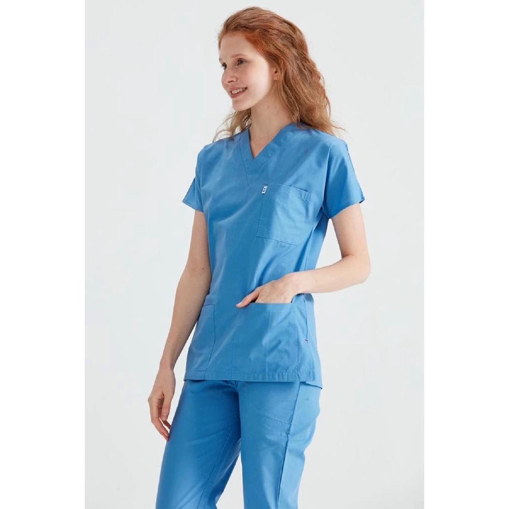 Parliament Blue Monochrome Lycra Fabric Surgical Suit V-neck Uniform