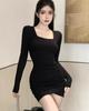 Korean Style Black Winter One Piece Slim Dress Women Long Sleeve Corset Mini Tight Dresses Hot Girls Clothes