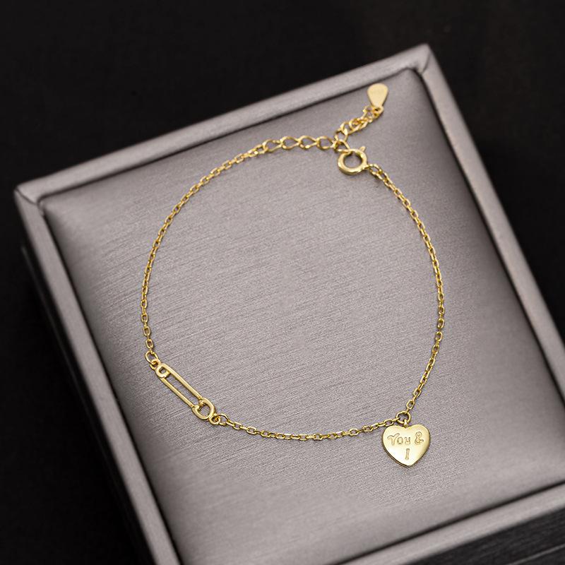 S925 Sterling Silver Gold-plated Simple Heart-shaped Bracelet with Versatile Temperament English Love Pin Extremely Fine Hand Jewelry