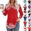 Long Sleeve Shirts For Women Tops Dressy Christmas Print Casual Blouses Pleated Scooped Neck Tunic Tops