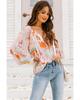 Abstract Print Split Neck Puff Sleeve Blouse