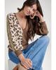 Azura Exchange Brown Leopard Splicing Waffle Knit V Neck Top
